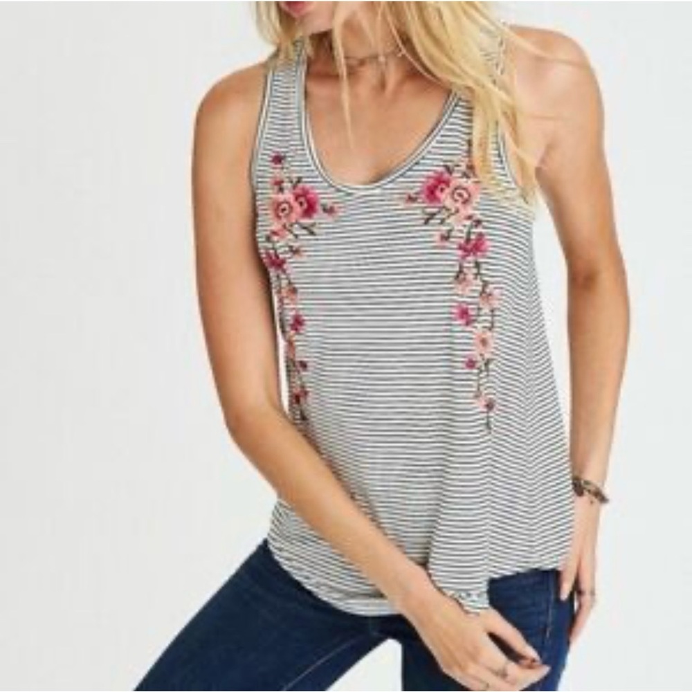 American Eagle Outfitters Striped Tank with Floral Embroidery, size medium